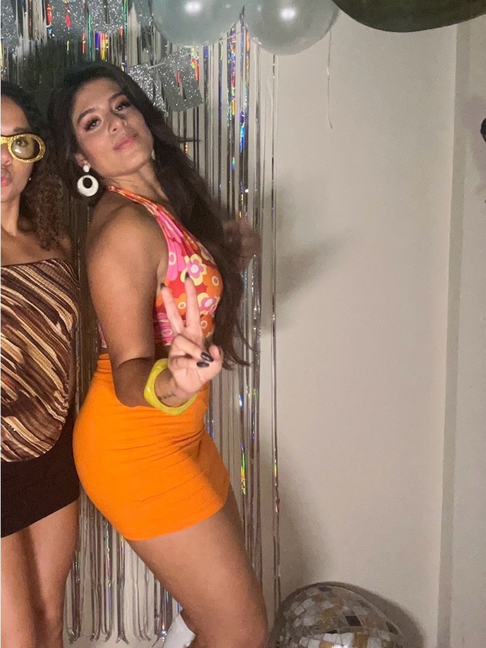 Retro Floral Halter Top & Orange Mini Skirt Set